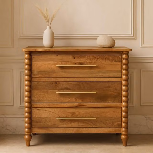 Artisan Furniture Solid Mango Wood Spindle 3-Drawer Chest in Brown and Yellow