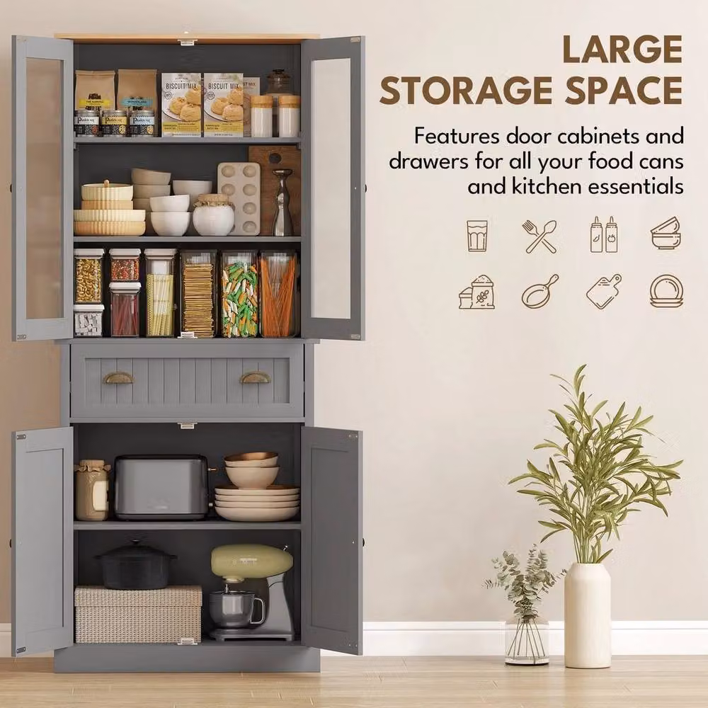 FORGEVIO Tall Kitchen Storage Cabinet with Glass Doors in Grey, W/D/H: 40.0 x 76.0 x 182.5 cm – 4