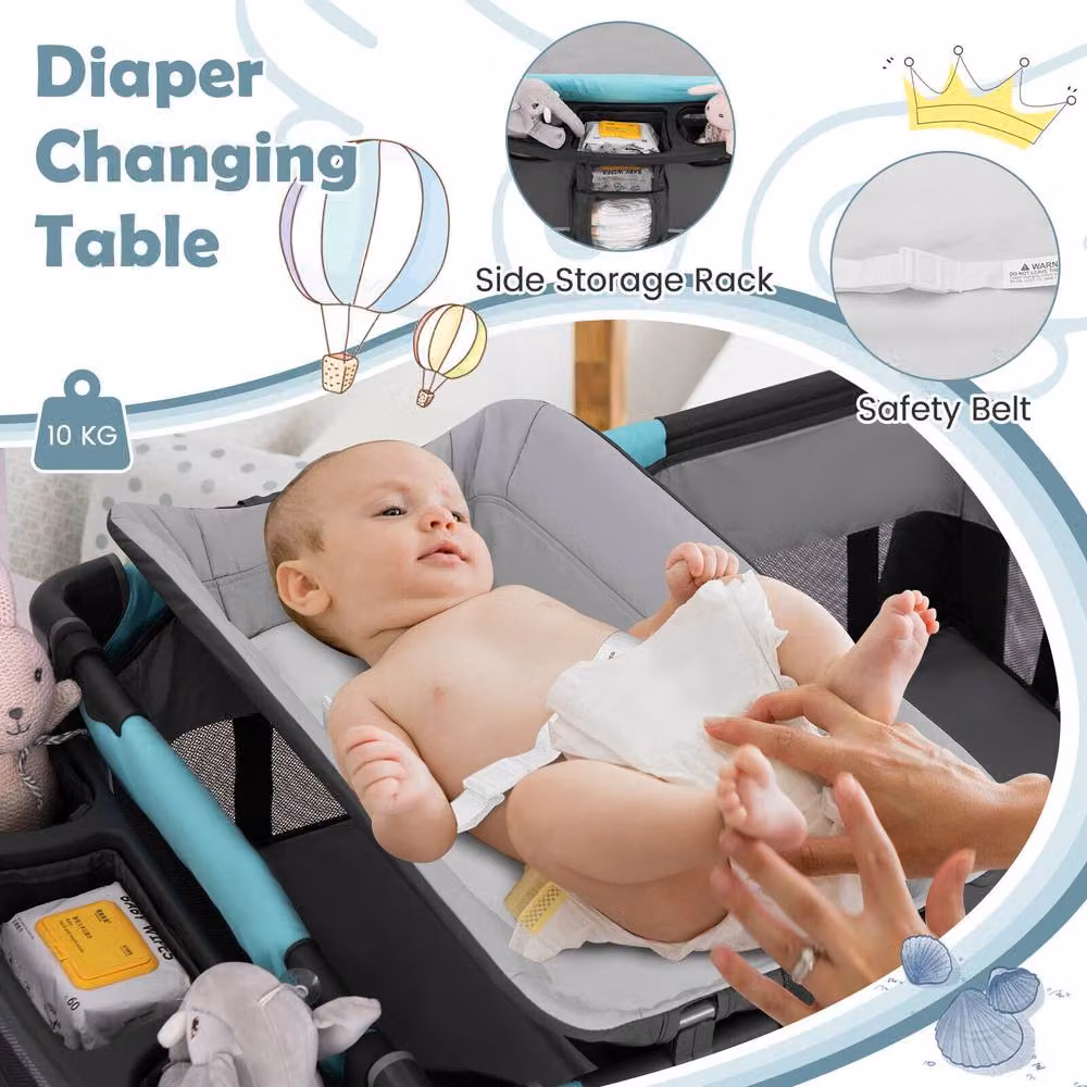 CASART 5-in-1 Foldable Travel Cot Baby Playard with Bassinet and Changing Table in Multicolour – 6
