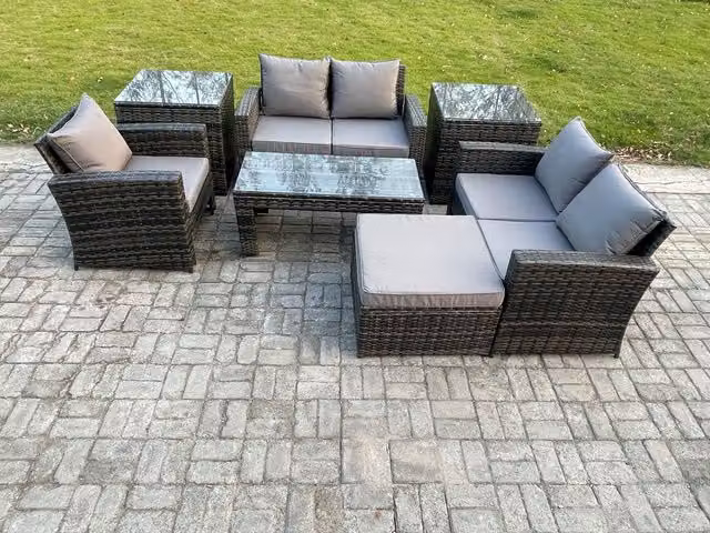 Fimous 7-Piece Rattan Garden Furniture Set in Dark Grey with L-Shape Sofa, Coffee Table, Side Tables and Ottoman