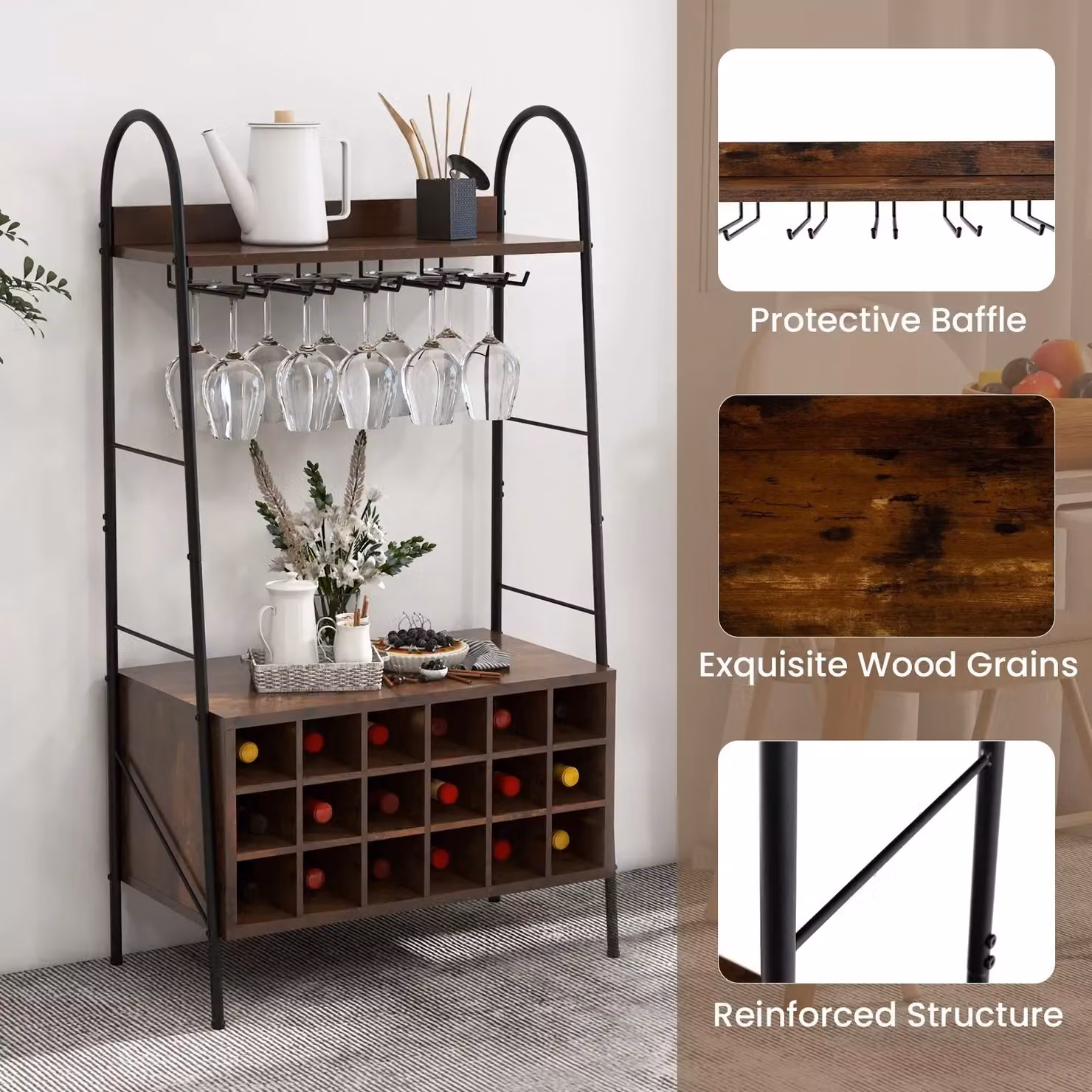 Costway Industrial Detachable Wine Bar Storage Sideboard, Freestanding Brown Cabinet with Metal and Glass Details – 6