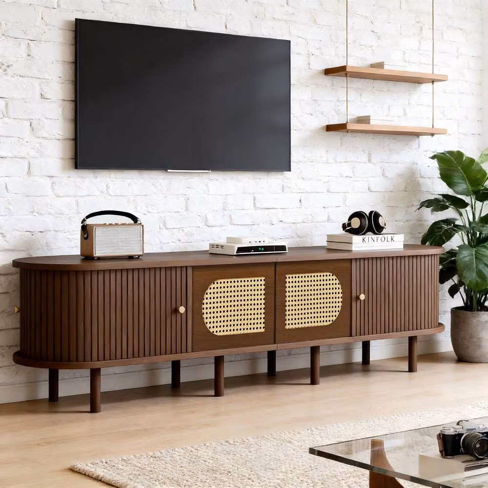 Rolipo Dark Walnut Oval TV Stand, Brown Rattan Lowboard for 80 Inch TVs, W: 180 cm, D: 40 cm – 4