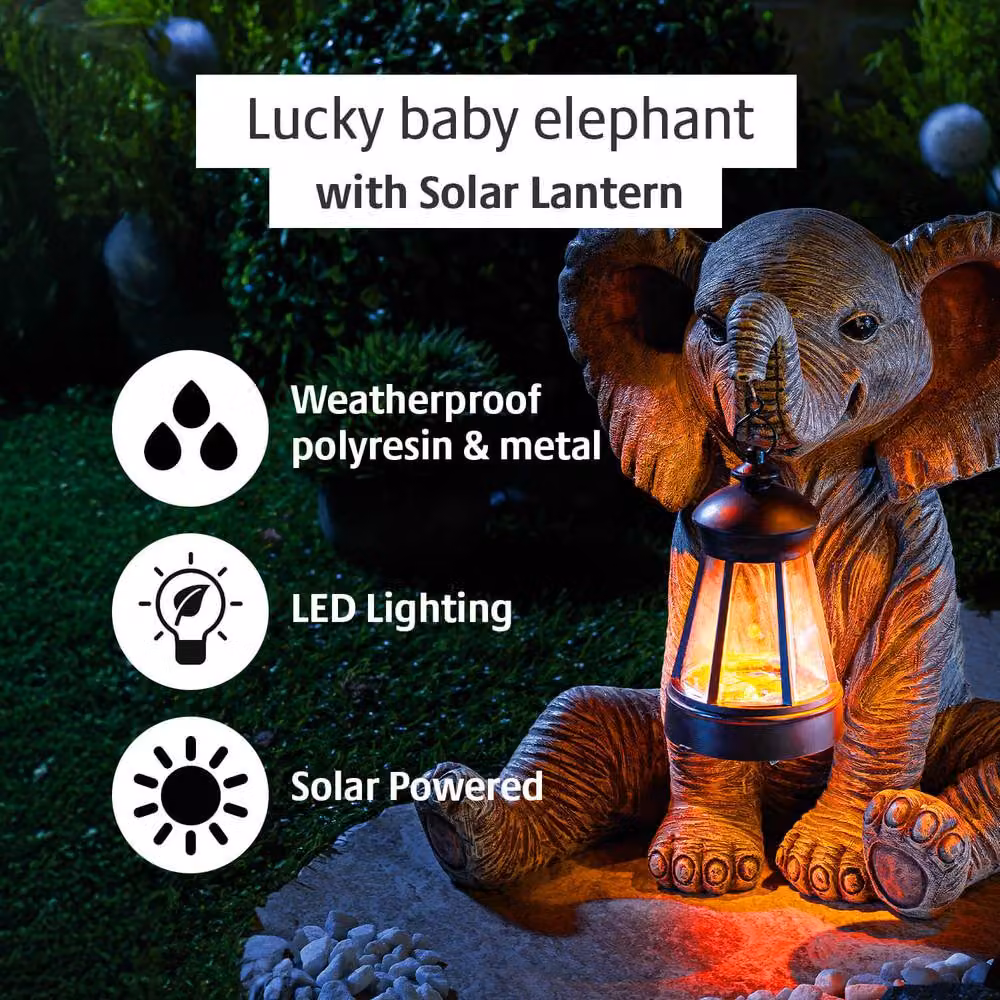 Coopers of Stortford Gainsborough Elephant Solar Lantern Garden Ornament in Grey with Warm White LEDs, Height: 28.5 cm – 3