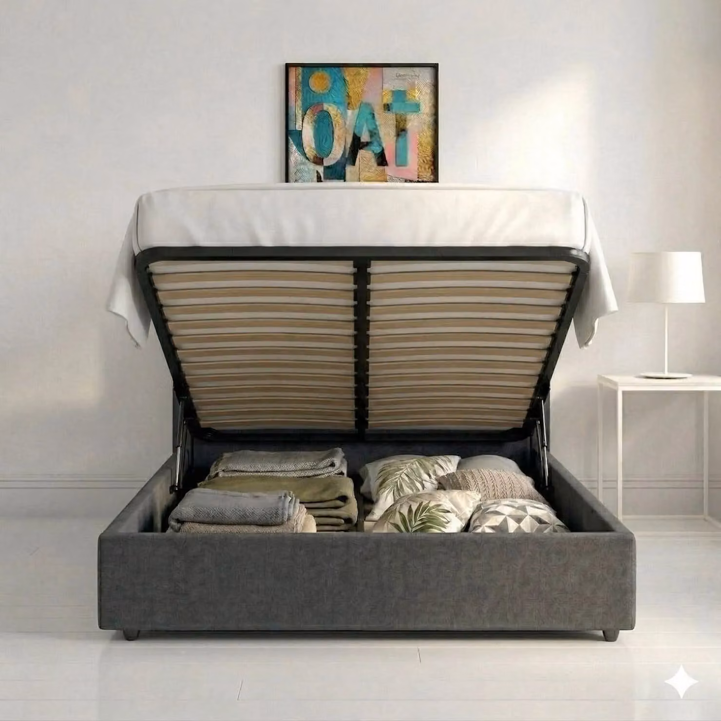 OAT Home Delamere Modern Low Headboard Upholstered Ottoman Storage Bed Frame in Grey, Size: Double (140 x 200 cm) – 2