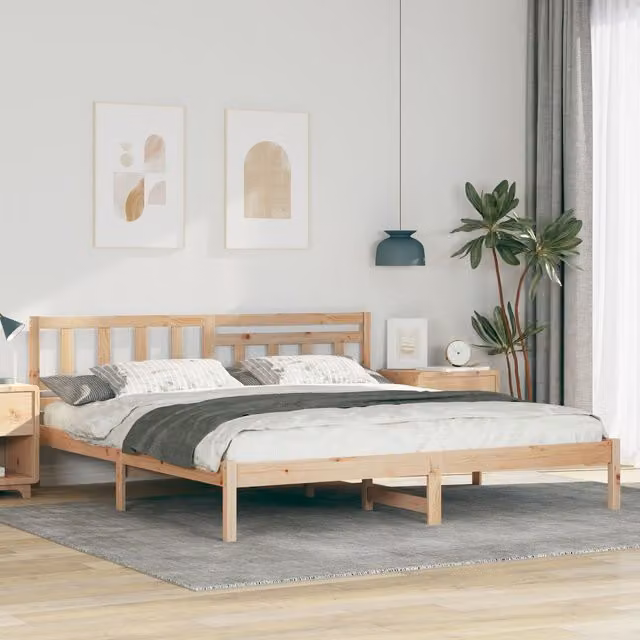 Berkfield Home Solid Pine Wood Bed with Headboard, Brown, W/D/H: 200 x 200 x 80.5 cm