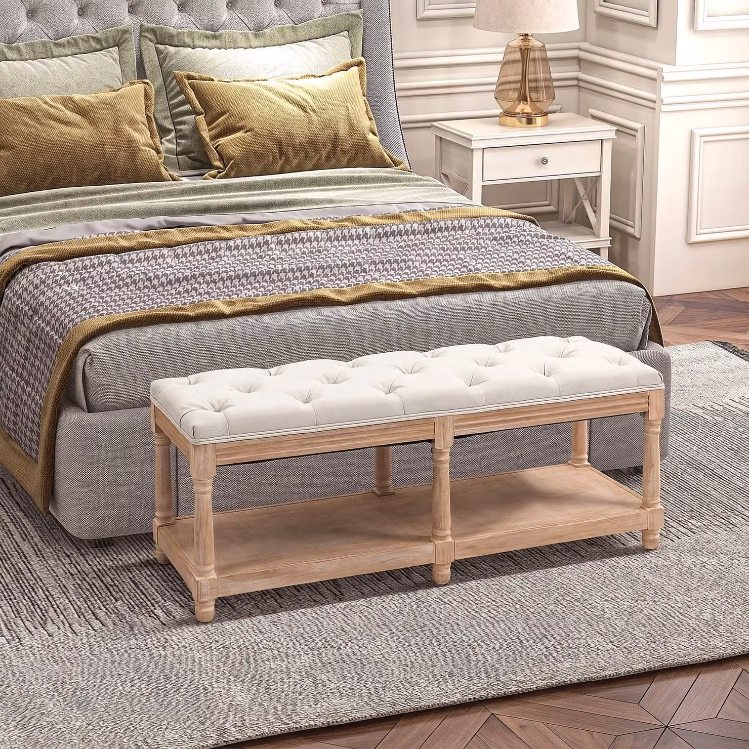 HOMCOM 2 Tier Fabric Shoe Rack Bench with Tufted Seat in Beige and White – 3