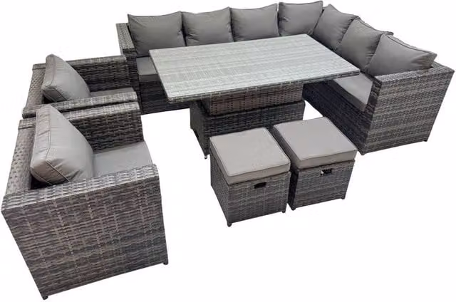 Fimous 10 Seater Rattan Corner Sofa Set with 2 Chairs and 2 Small Stools in Dark Grey