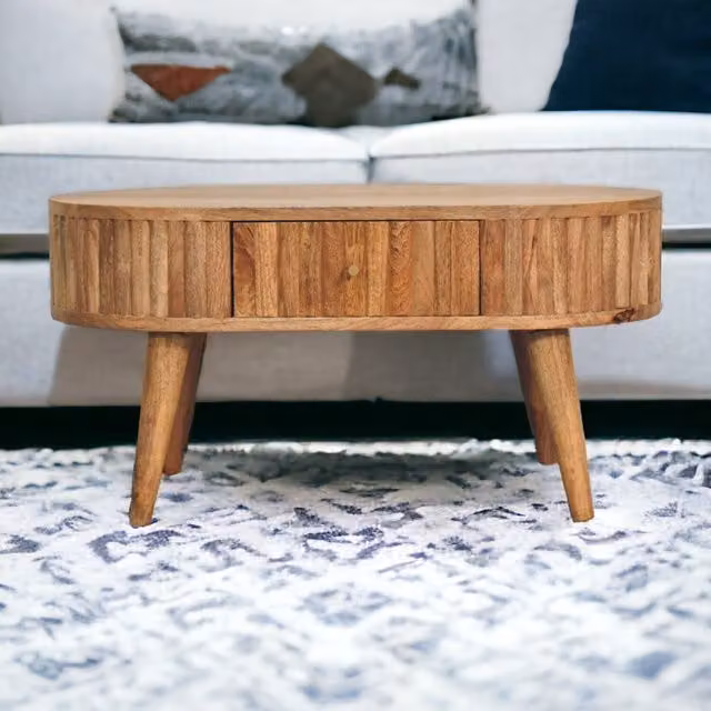 Artisan Furniture Modern Oval Striped Coffee Table in Brown Solid Mango Wood