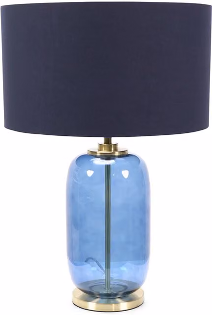 ValueLights Leigh Table Lamp with Navy Blue Fabric Drum Shade, Glass Base and Gold Trim