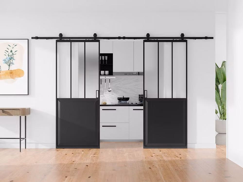 Vente-unique Industrial Double Sliding Workshop Door with Surface-Mounted System in Black and Glass – 2