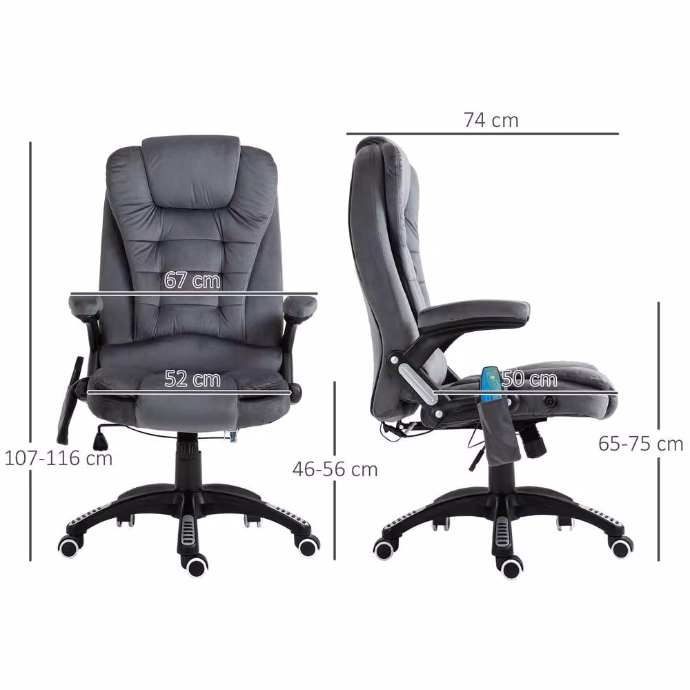ERGOVEXA Grey Velvet Massage Recliner Executive Office Chair with Heating and 360 Degree Swivel, W/D/H: 74 x 50 x 116 cm – 2