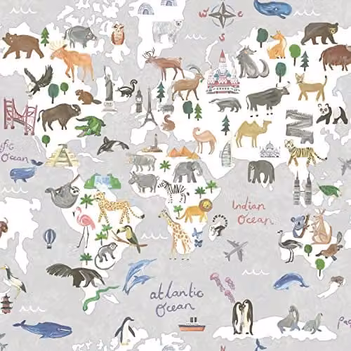 Holden Decor Animal Map World Globe Continents and Landmarks Wallpaper in Grey and Multicolour – 1