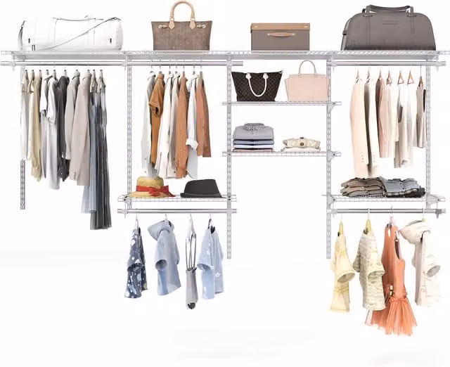 COSTWAY White Metal Wall Mounted Wire Closet Organizer System with Hanging Rod and Internal Shelves