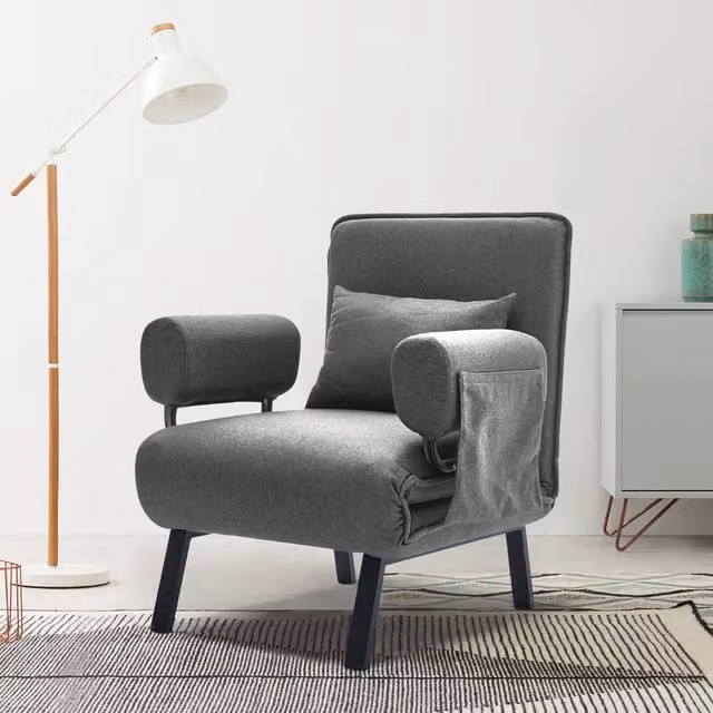 Livingandhome Grey Fabric Single Sofa Bed with Armrests and Pillow Pocket