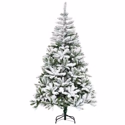 HOMCOM 6 Ft Snow Flocked Artificial Christmas Tree in Green with Auto Open Feature – 1
