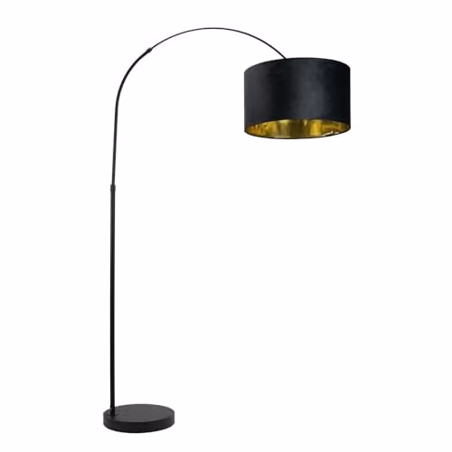 ValueLights Louis Black Arched Floor Lamp with Black Velvet and Gold Inner Shade, H 180 cm x W 45 cm