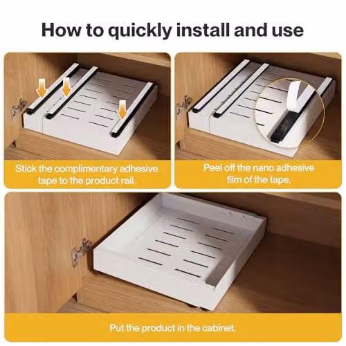 Toque 2 Pack Expandable Pull Out Cabinet Organisers in White, Adjustable Carbon Steel Slide Out Drawers with 3-Rail System – 6