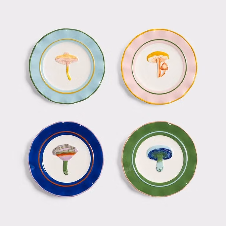 &Klevering Magic Mushroom Ceramic Dessert Plate Set of 4, Multicolour