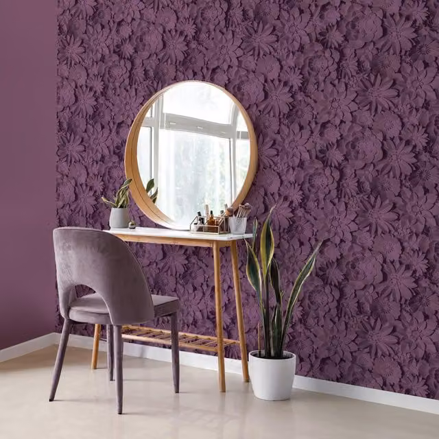 Fine Decor Modern 3D Effect Floral Botanical Wallpaper in Purple