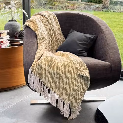 Allure Bath Fashions Chevron Herringbone Cotton Throw Blanket, Yellow, W: 150 cm, D: 200 cm – 2