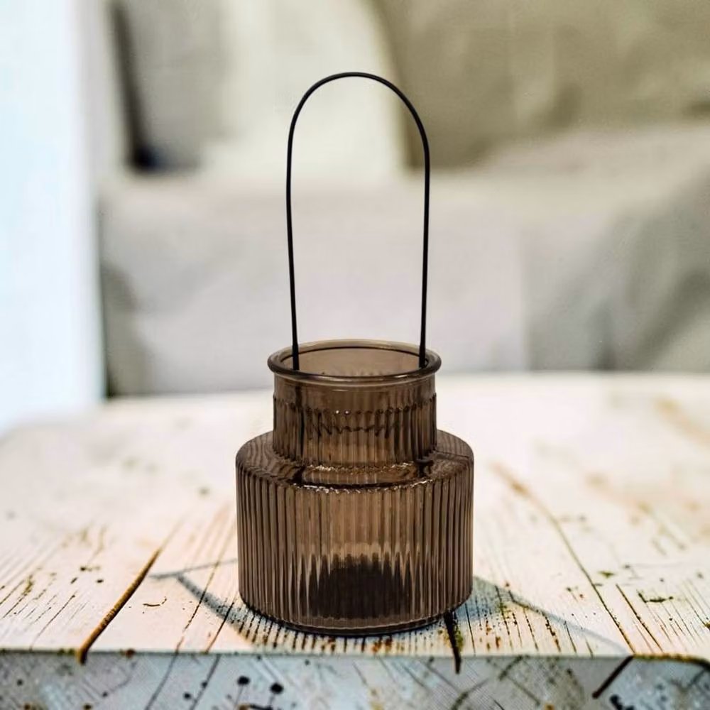 Four Candle Large Round Glass Pillar Candle Holder with Handle in Warm Grey – 2