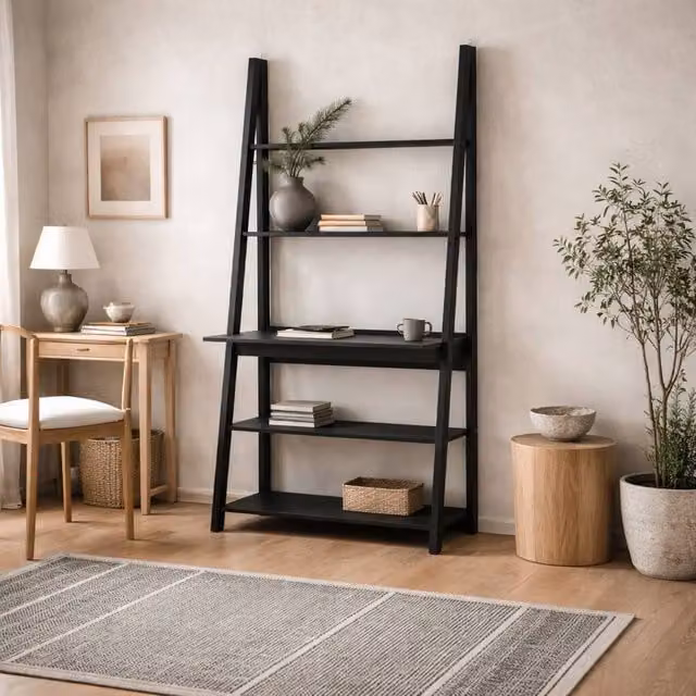 Wyld Haus Athy Black Wooden Ladder Desk with 5 Shelves, H: 175.4 cm x W: 84.0 cm x D: 50.0 cm – 1