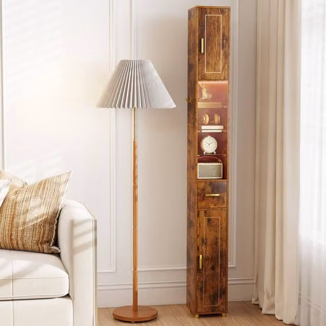 Costway Brown Freestanding Narrow Bathroom Storage Cabinet with 3 Hinged Doors and Internal Shelves, Height: 180 cm – 1