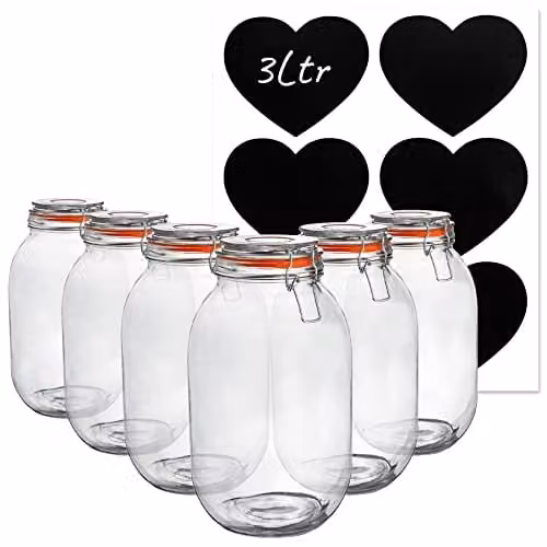 Argon Tableware Set of 6 Transparent Glass Storage Jars with Clip Lids and Labels, 3 l Each – 1