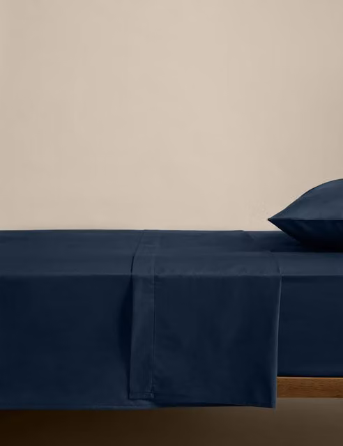 M&S Navy Blue Cotton Rich Percale Flat Sheet