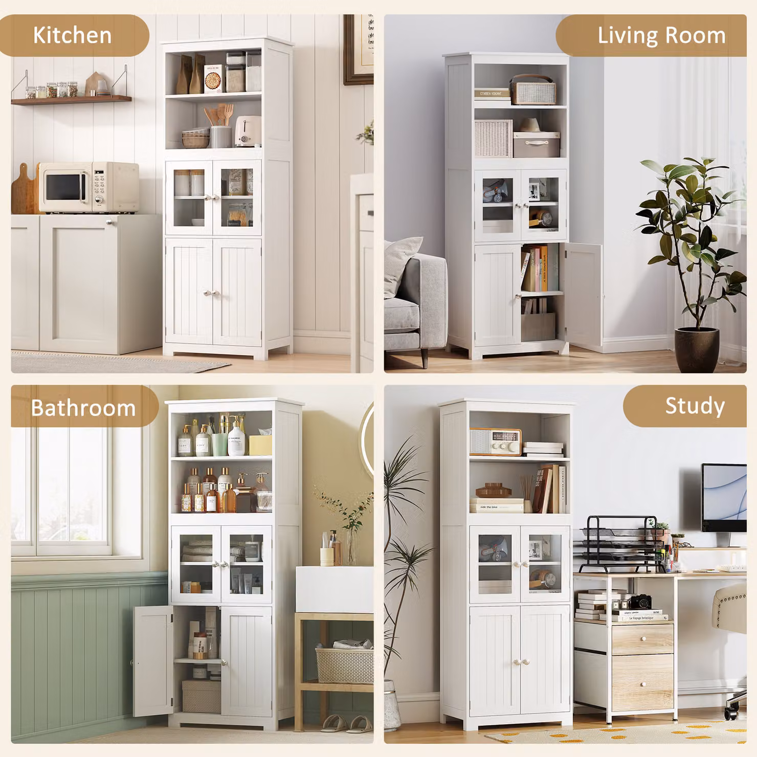 HOMCOM Freestanding 4-Door Kitchen Larder Cupboard with Glass Doors and Internal Shelves, White, W: 60.0 cm, D: 30.0 cm, H: 162.0 cm – 4