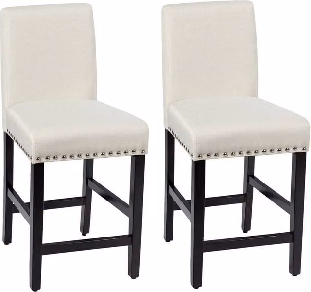 FLAVORA 2 Pack Padded Low Back Counter Height Bar Stools in White Fabric with Rubberwood Frame