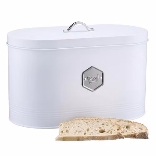 Cooks Professional Metal Bread Bin in White and Silver with Ventilated Lid – 1