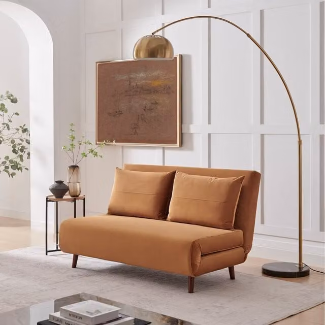 FurnitureboxUK Bobby Double Folding Sofa Bed in Orange Velvet with Solid Wood Frame and Scatter Cushions