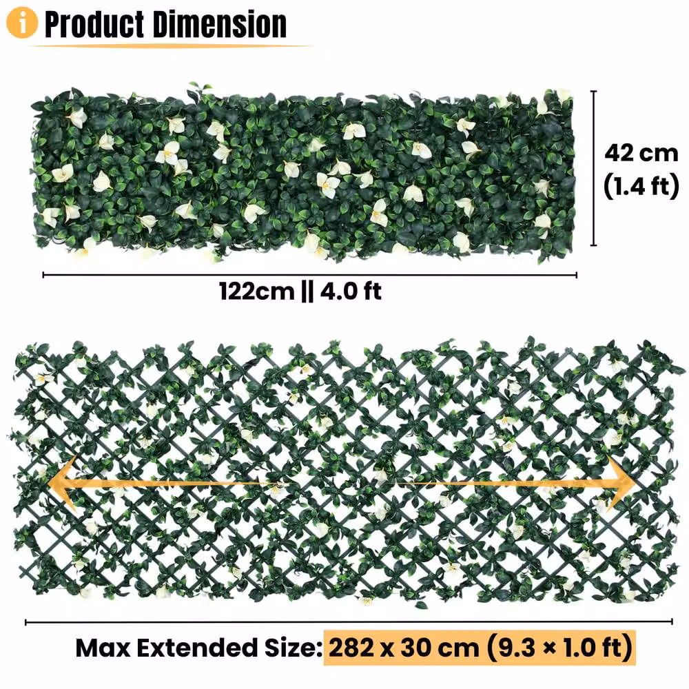 Novecrafto Expanding Artificial Hedge Privacy Trellis with Leaves and Flowers in White, Green and Purple, W: 282 cm, H: 30 cm – 3