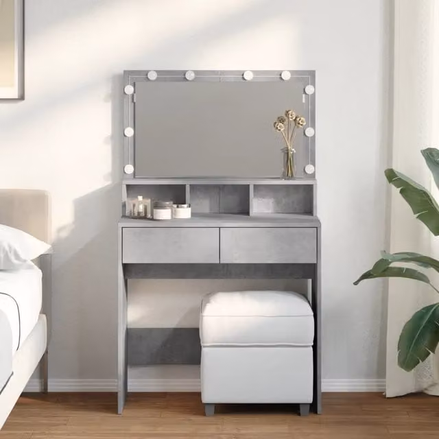 Berkfield Home Dressing Table with Hollywood LED in Matt Concrete Grey, W: 80 cm, D: 41 cm, H: 134.5 cm