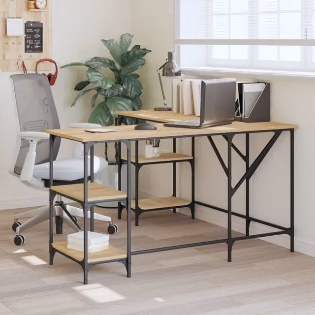 Berkfield Sonoma Oak Corner Home Desk in Brown, W/D/H: 139 x 139 x 75 cm – 1