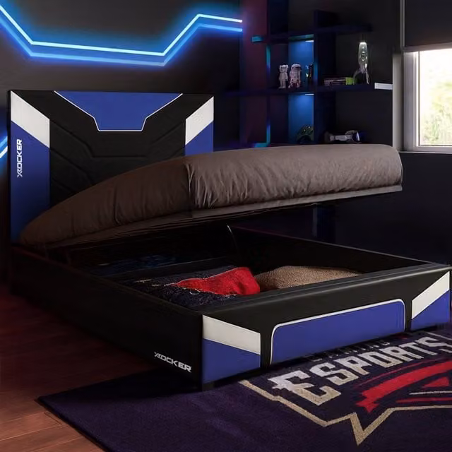 X Rocker Cerberus MKII Blue Upholstered Ottoman Bed Frame with Gas Lift Storage for Kids and Teens W/D/H: 90 x 190 cm