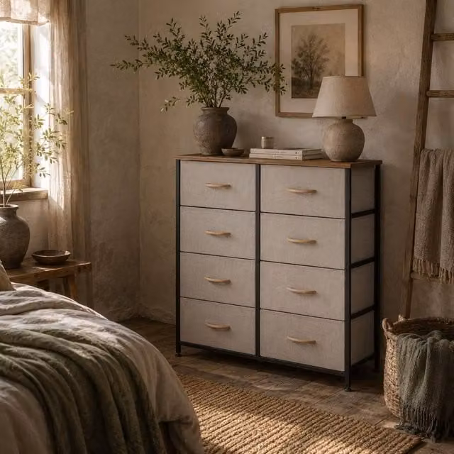Wyld Haus Neyo 8 Drawer Dresser in Cream White Fabric with Maple Wood Effect Top, H 81.5 x W 80.0 x D 30.0 cm