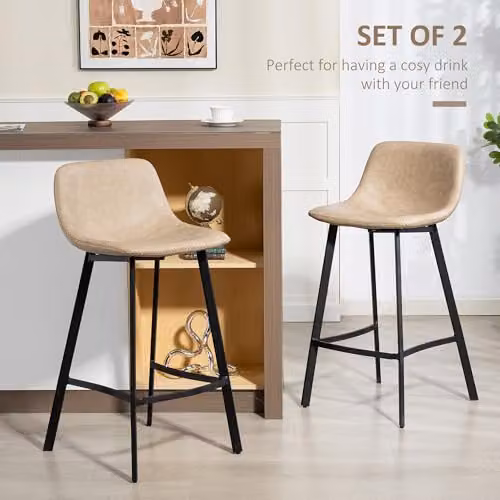 HOMCOM Set of 2 Modern Bar Stools with Synthetic Leather Upholstery and Metal Legs in Brown – 3