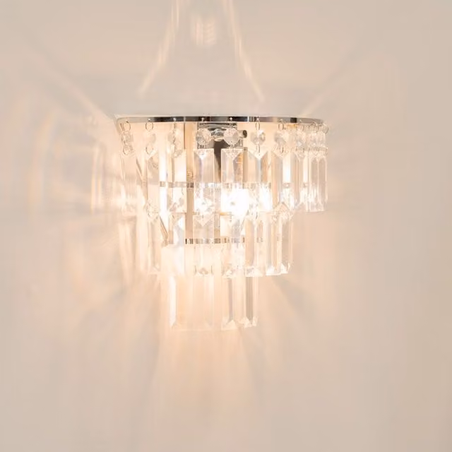 ValueLights Kelsks Pair of Chrome and Silver Wall Lights with Transparent Acrylic Jewel Droplets and Bulbs Included