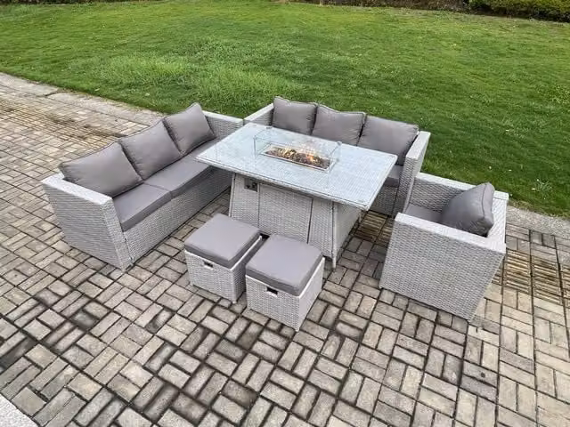 Fimous 9 Seater Rattan Outdoor Garden Dining Set with Gas Fire Pit Table, Chairs and 2 Footstools in Light Grey