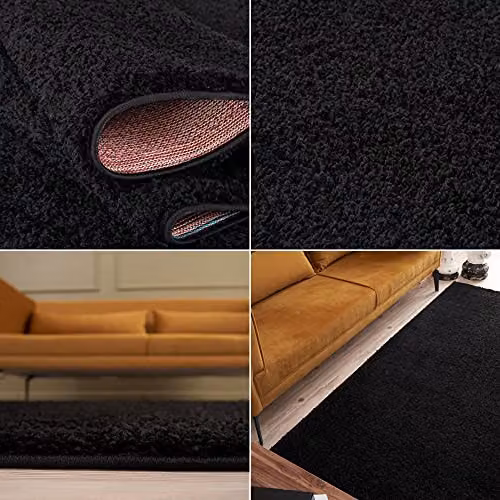 THE RUGS Black Plain Shaggy Rug for Living Room, Bedroom or Hallway, W/D/H: 200 x 290 x 3 cm – 6