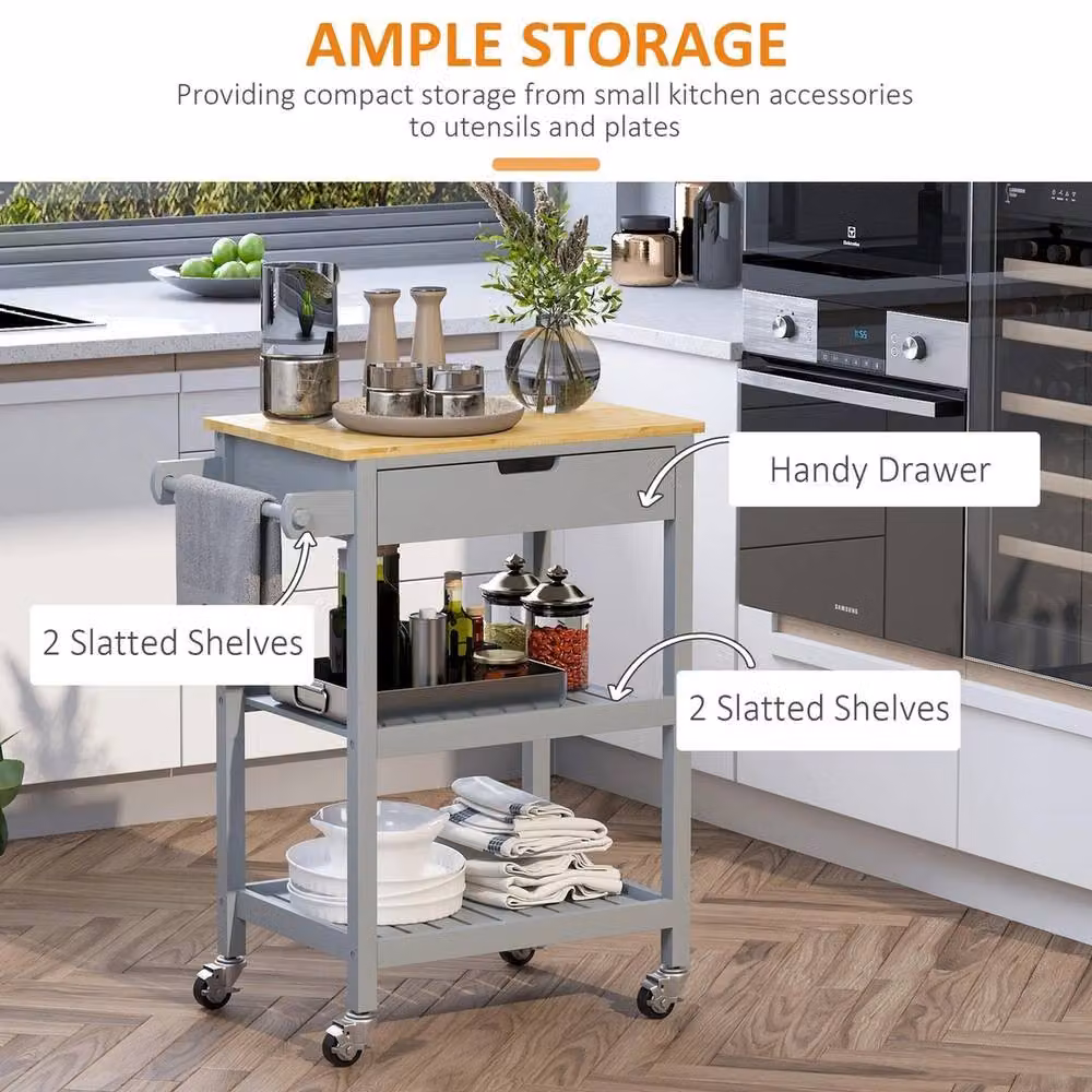 FORGEVIO Kitchen Trolley Utility Cart on Wheels with Rubberwood, Grey and Multicolour – 3