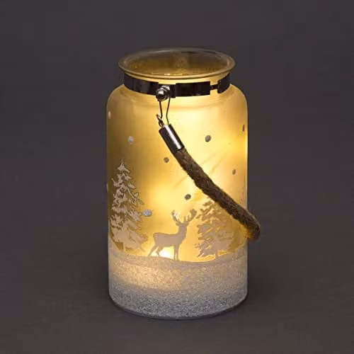 Shatchi Silver Christmas Forest Scene Glass Jar Lantern with LED Fairy Lights, Height: 16 cm