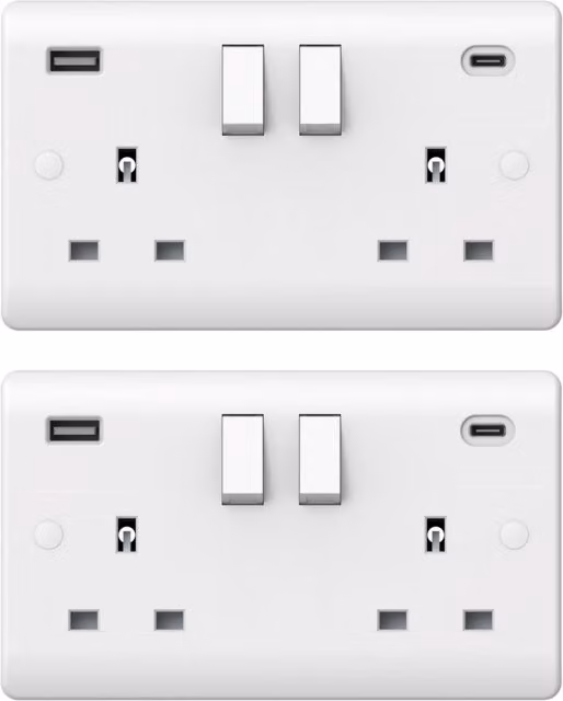 Securlec 2-Pack White 2-Gang Double Switched USB Flush Wall Socket IP20