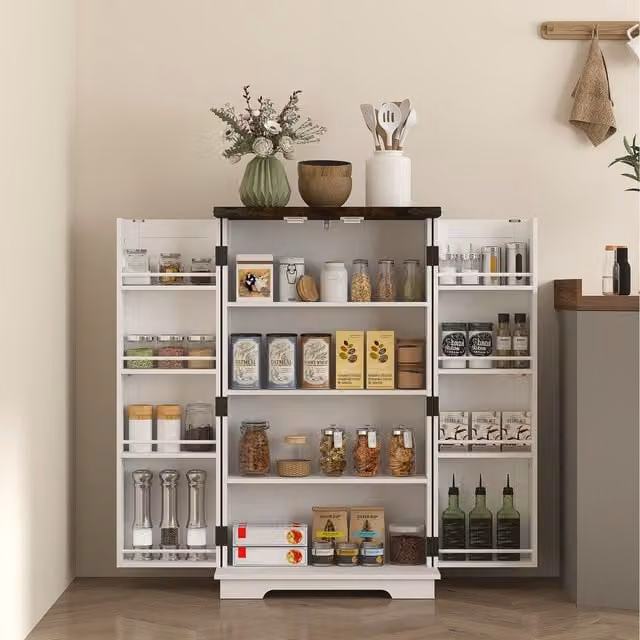 HOMCOM White Farmhouse Freestanding Kitchen Cupboard with 2 Hinged Doors