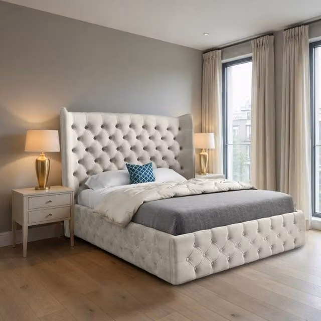 KDMD Lawford Wide Winged Upholstered Designer Bed Frame in Beige Velvet, W/D/H: 140 x 174 x 137 cm