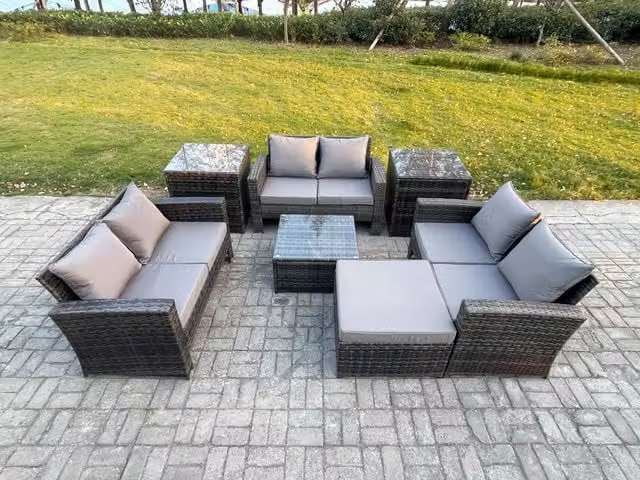Fimous 7 Piece U-Shape Outdoor Lounge Sofa Set with Coffee Table and Ottomans in Dark Grey PE Rattan