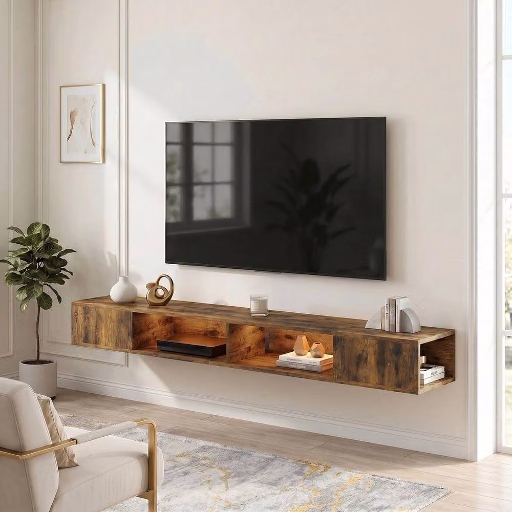 NESTLUNE Industrial Brown Wood TV Stand with Integrated LED Lighting, W: 100 cm, D: 15 cm – 3