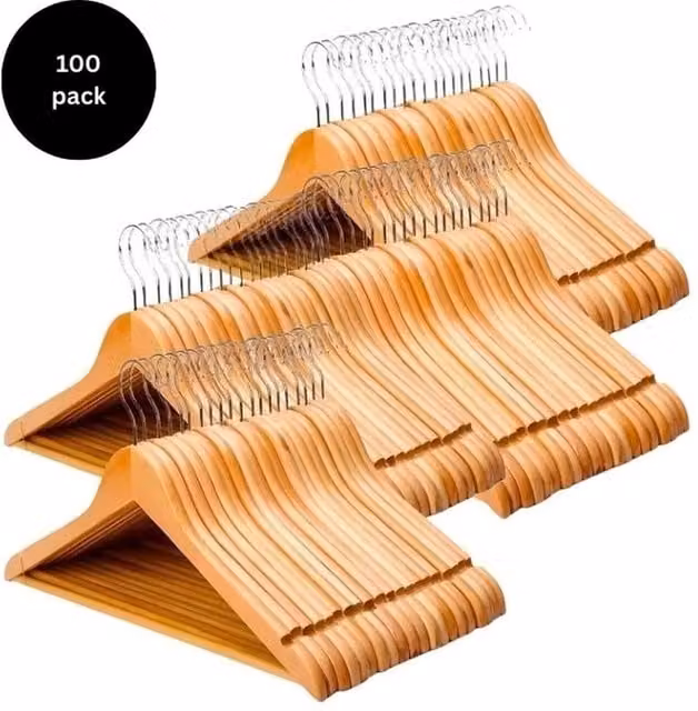 VOGREX Brown Wooden Hangers for Suits, Coats, Jackets and Trousers, Pack of 100 – 1